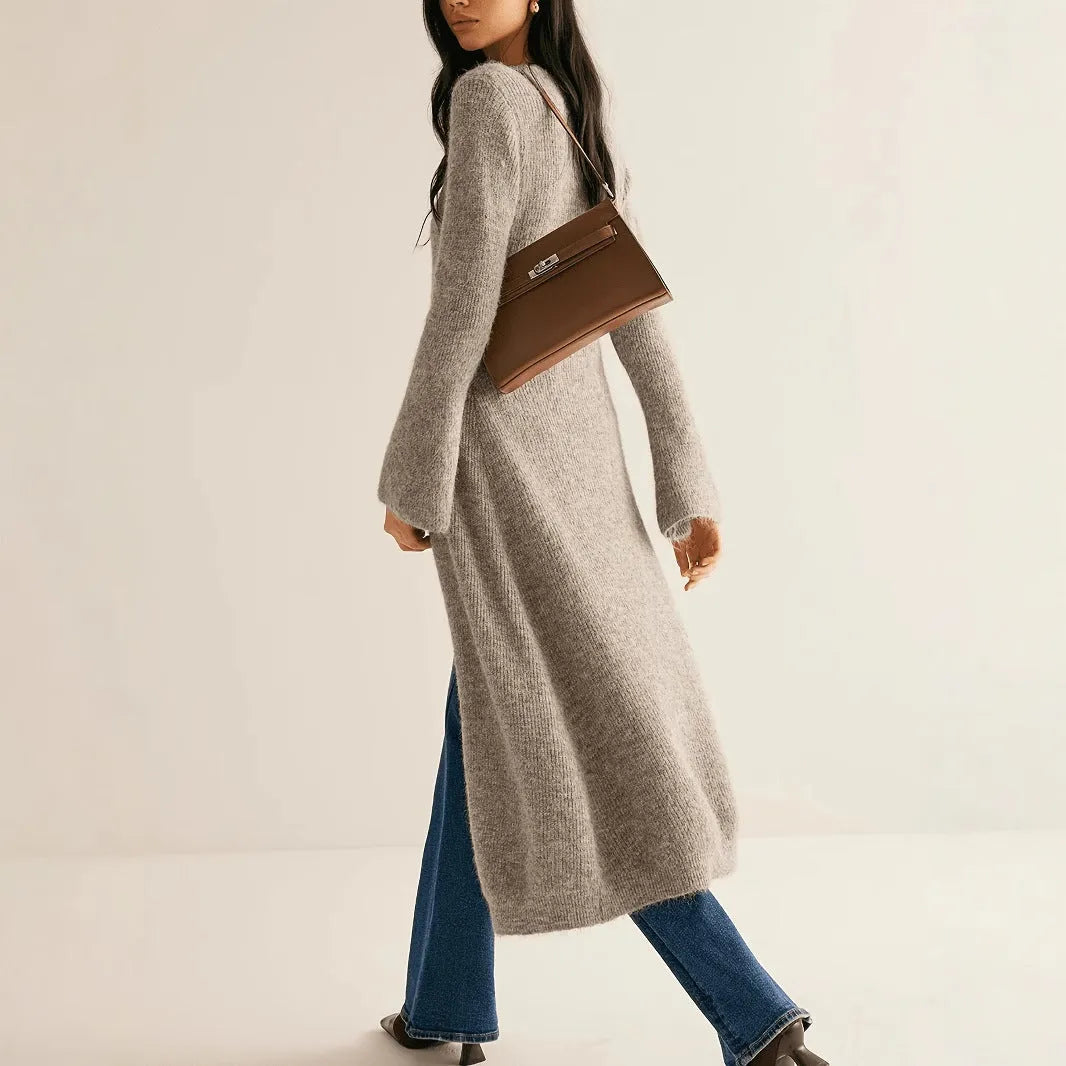 Khaki French retro style long sleeve coat cardigan with button front closure