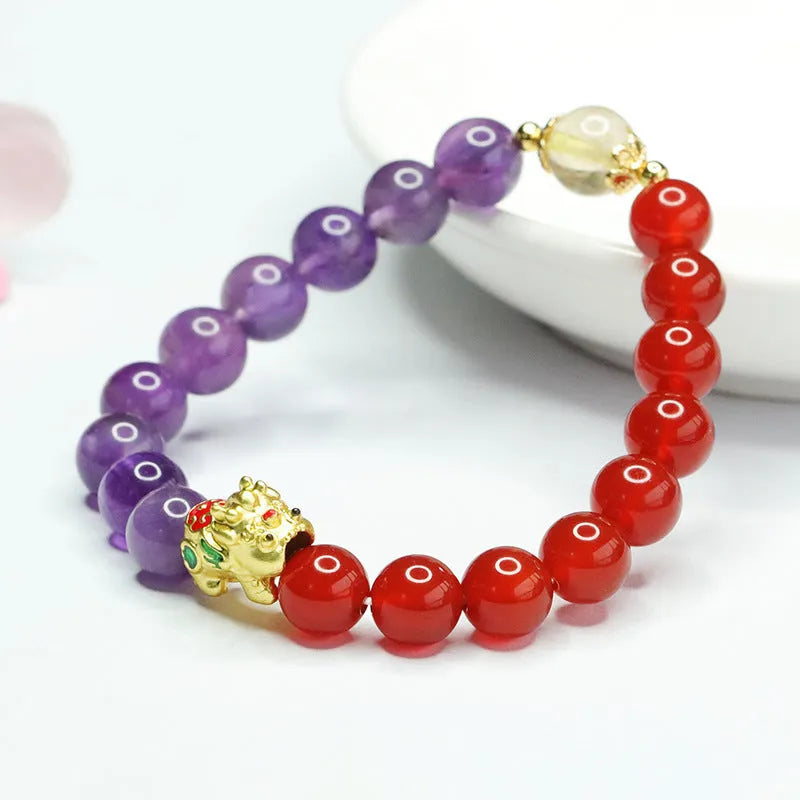 Amethyst and red agate Chinese style bracelet with 8mm round beads on an elastic string.