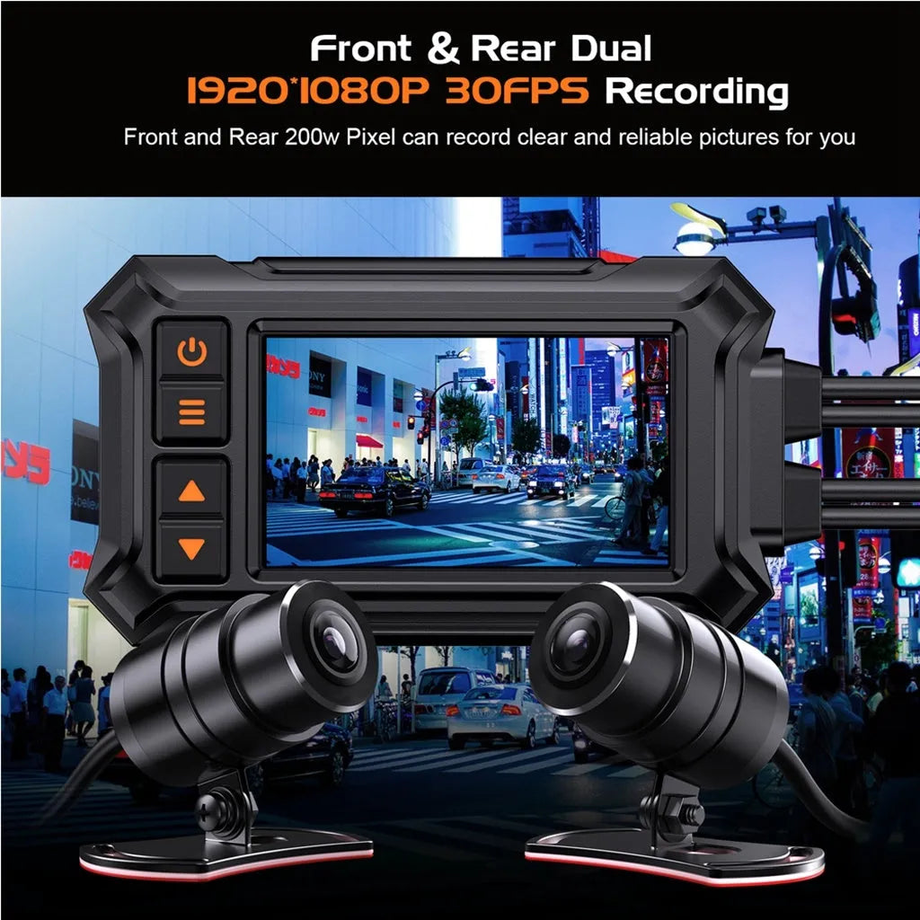 Motorcycle dash camera with 3-inch screen and dual lenses for front and rear recording