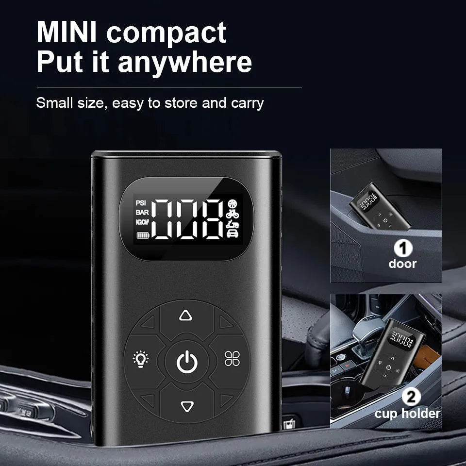 Black portable power bank and digital air compressor unit for tyre inflation, model M09X, with USB cable.