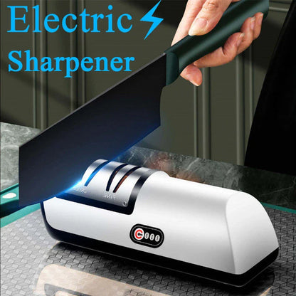 Rechargeable electric knife sharpener with automatic adjustment for fast, smooth sharpening of knives, scissors, and grinders