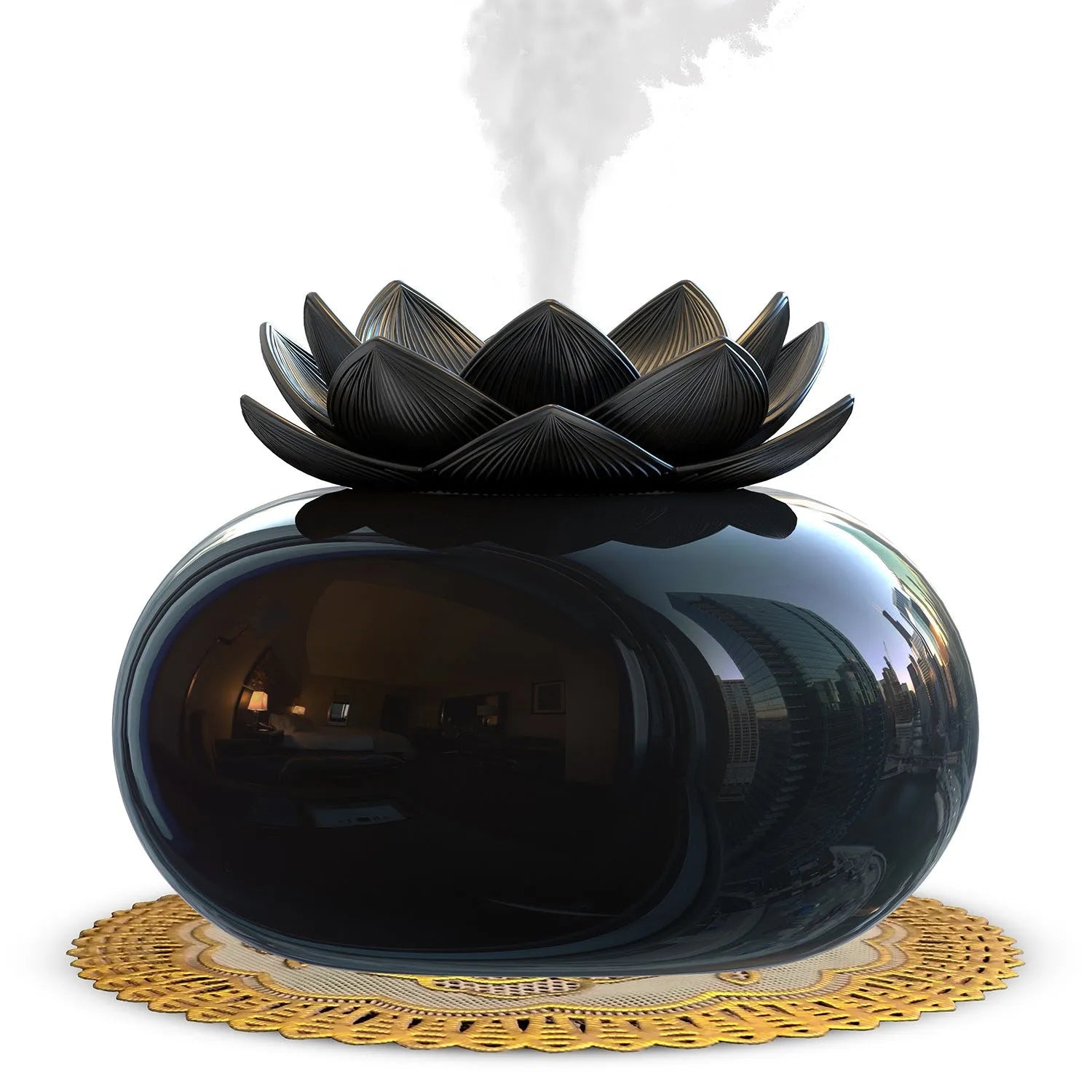 Pure black Lotus aromatherapy humidifier with ceramic diffuser bowl and USB power connection