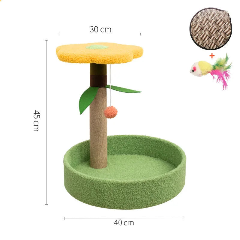Cat scratcher with sisal winding, solid wood bottom, and teasing toys in pink love colour option