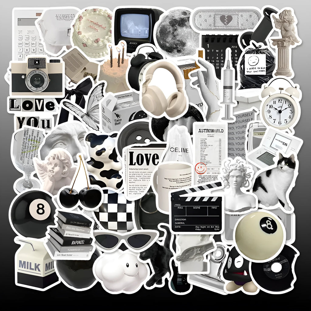 61 black and white waterproof PVC vinyl stickers for laptop and drink bottle personalisation.