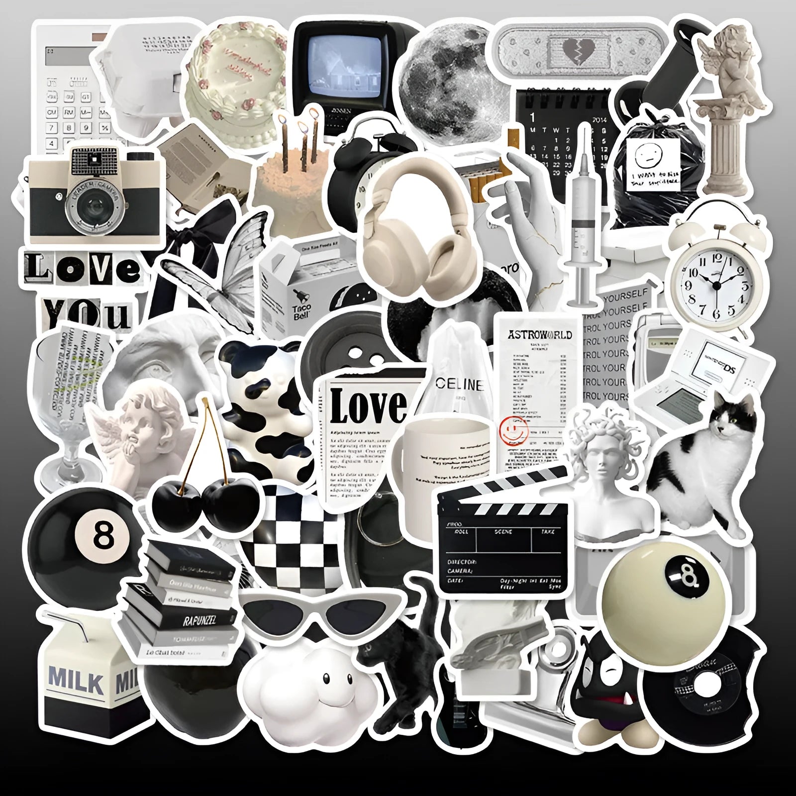 61 black and white waterproof PVC vinyl stickers for laptop and drink bottle personalisation.