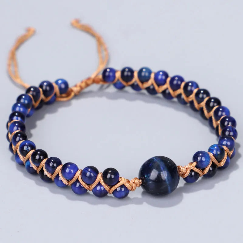 Handmade woven geometric bracelet with tiger eye stone beads and adjustable pull cord