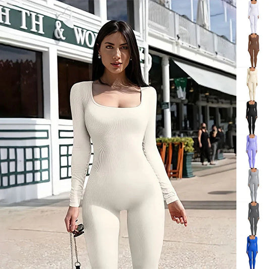 A fashionable women's yoga and fitness jumpsuit with a square neckline, long sleeves, and a tight-fitting silhouette.