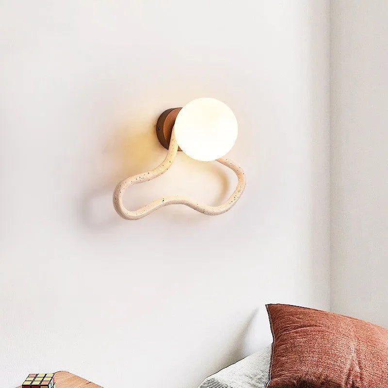 Middle Ancient cream style wall lamp with white travertine glass shade and solid wood base
