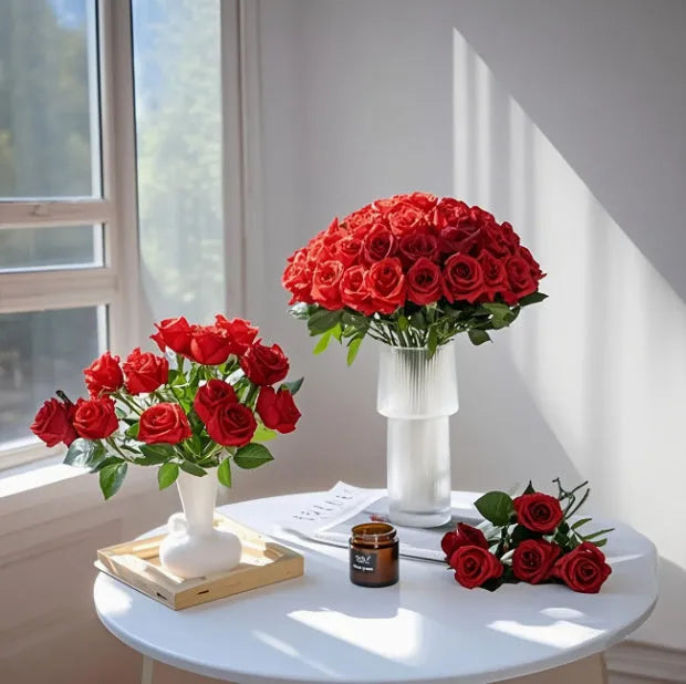 Artificial silk flower bouquet in red and white with plastic stems for home outdoor decoration