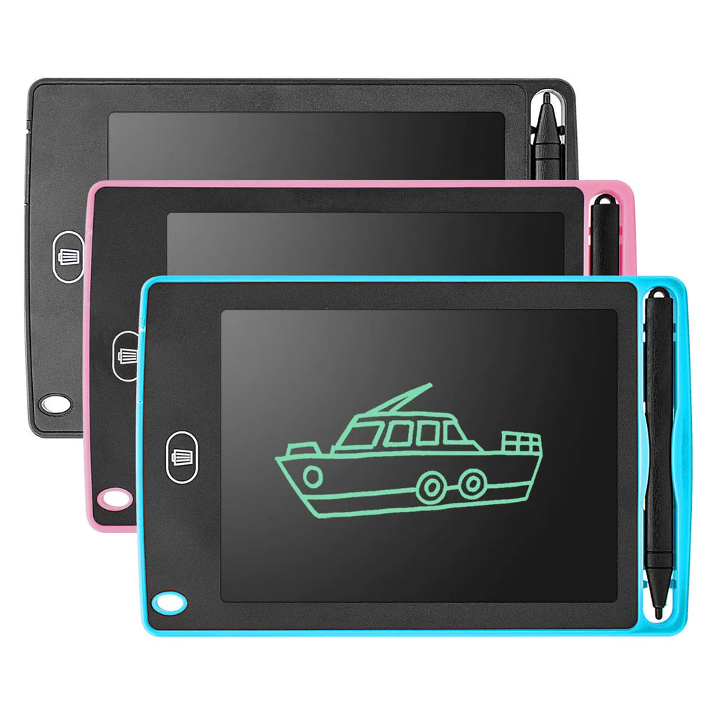 6.5 inch LCD writing tablet in blue with stylus, slim design on white background