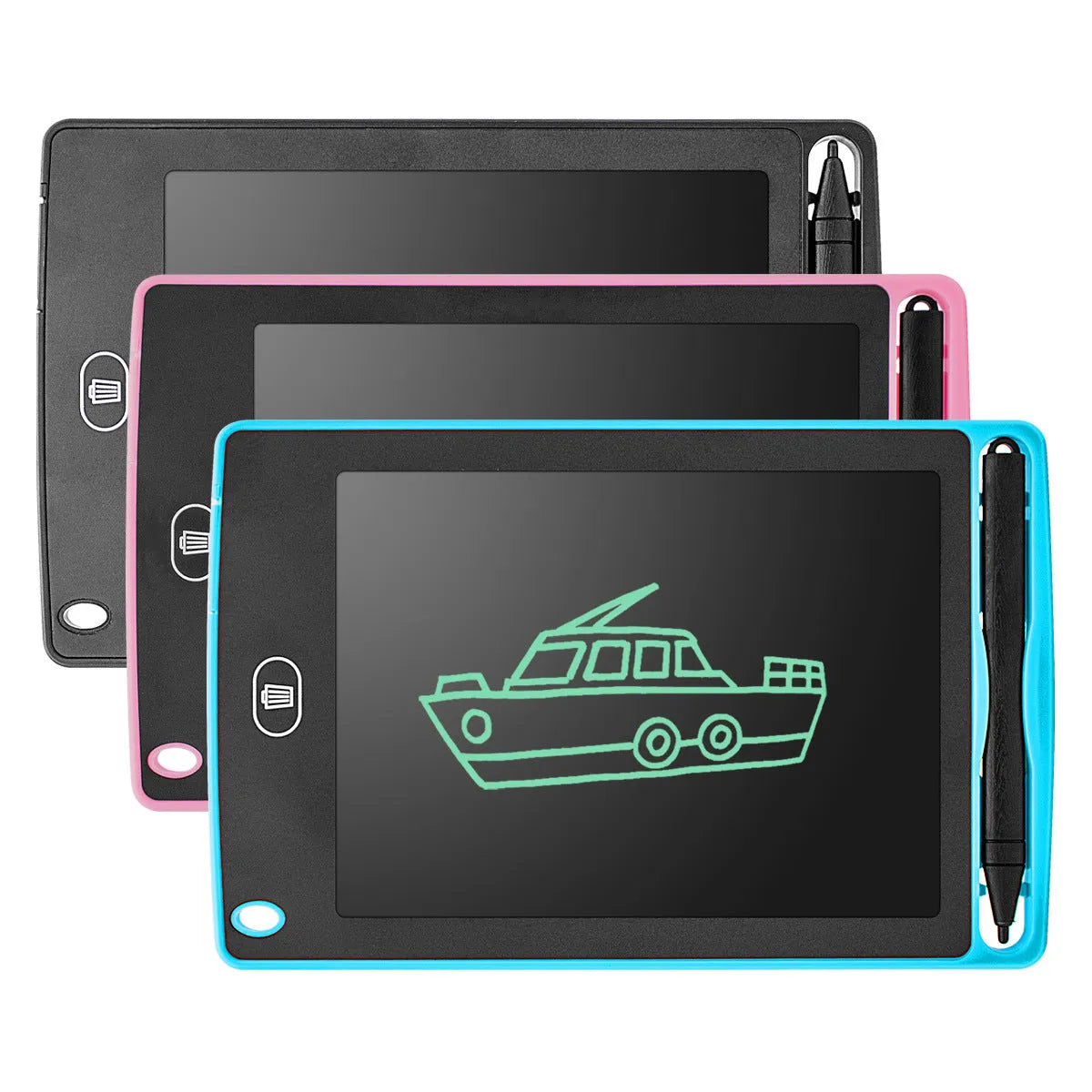 6.5 inch LCD writing tablet in blue with stylus, slim design on white background