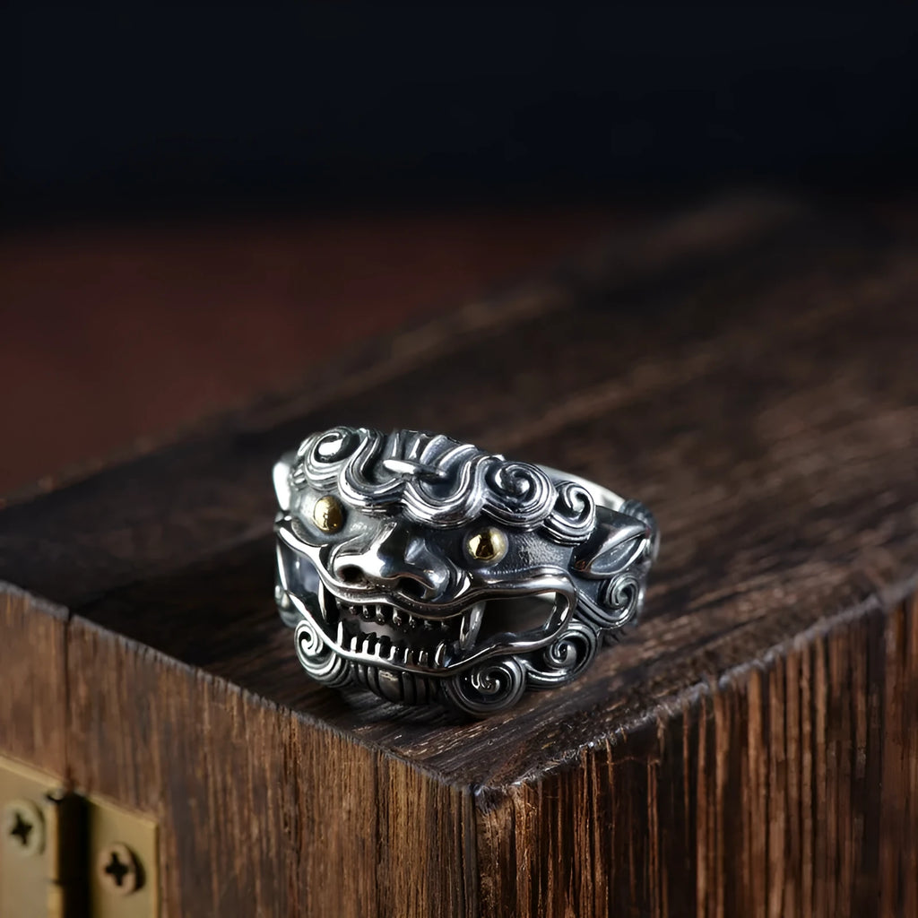 Silver open-style diamond ring with jibeast animal zodiac pattern and retro design details