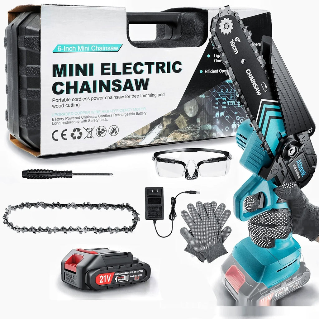 Small handheld electric chainsaw with 6-inch chain, batteries, safety goggles, gloves, and storage box