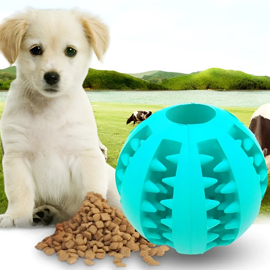 Natural silica gel slow feeder dog ball toy in blue for dental cleaning and treat dispensing