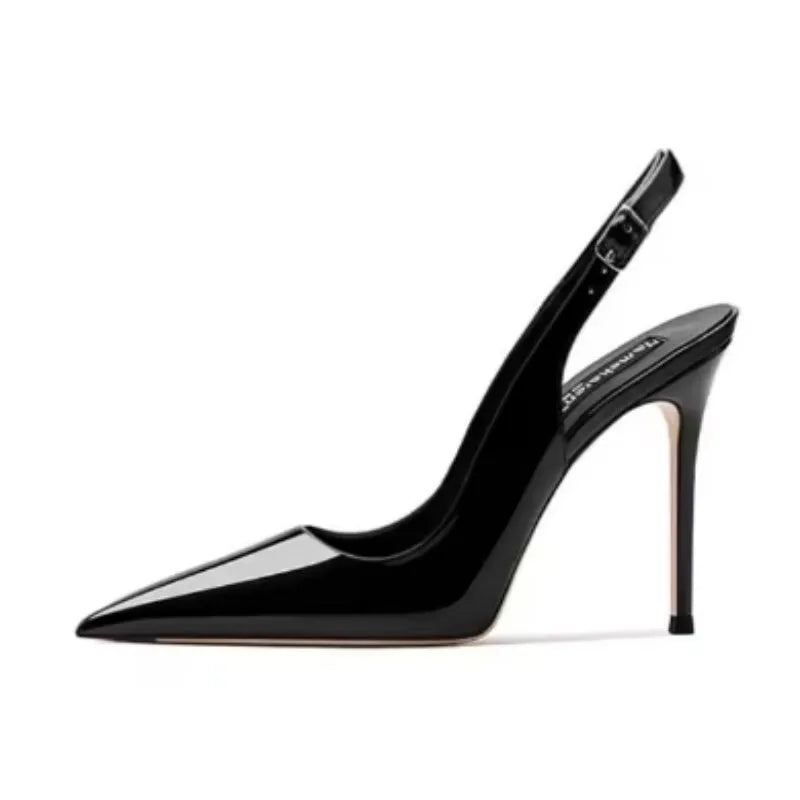 Women's nude high-heeled sandals with an ankle strap and hollow-out design on a soft PU upper.