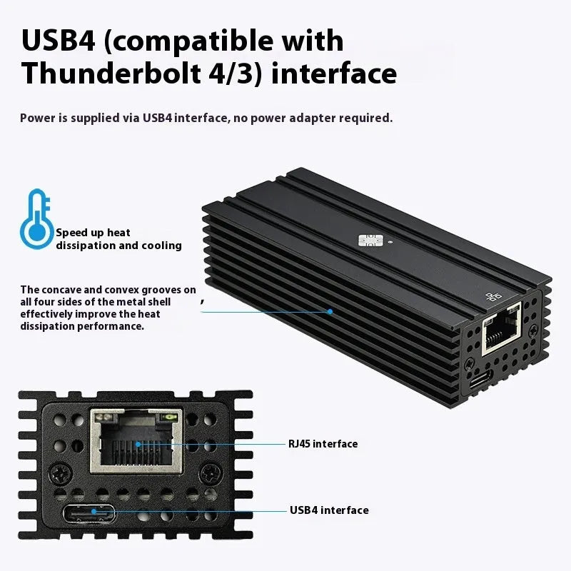 Black Leyu USB4 to 10 Gigabit Ethernet adapter with RJ45 port and short attached cable