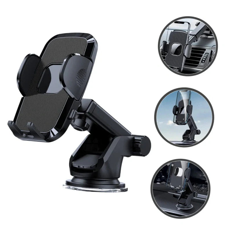 Gravity-activated car phone mount with enhanced suction cup attached to windshield holding smartphone