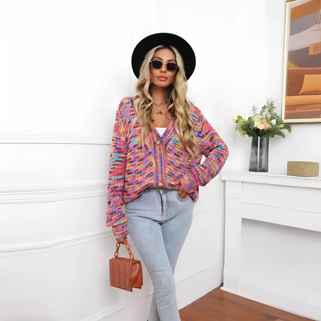 Rose red rainbow mixed colour festival cardigan knitted coat with loose street fashion fit