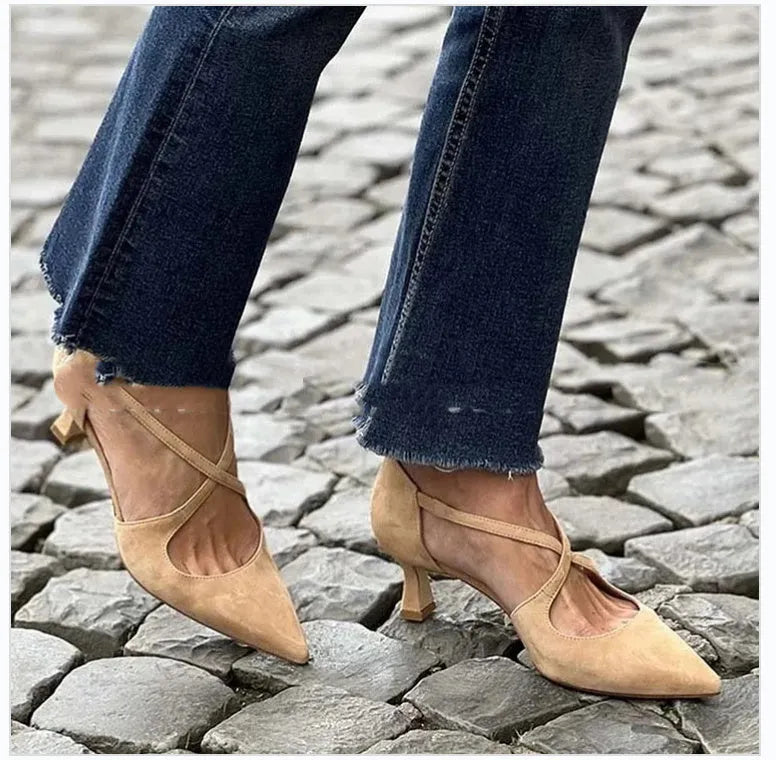 Plus size suede pointed toe high heel sandals with cross buckle strap in green colour