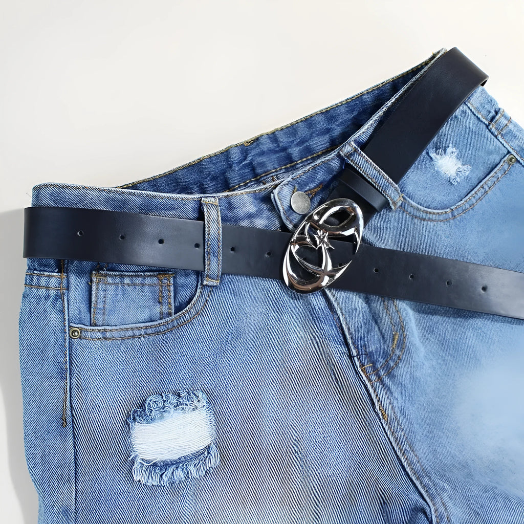 Men's casual silver buckle belt with snap button on a 105cm long, 3.3cm wide PU leather strap.