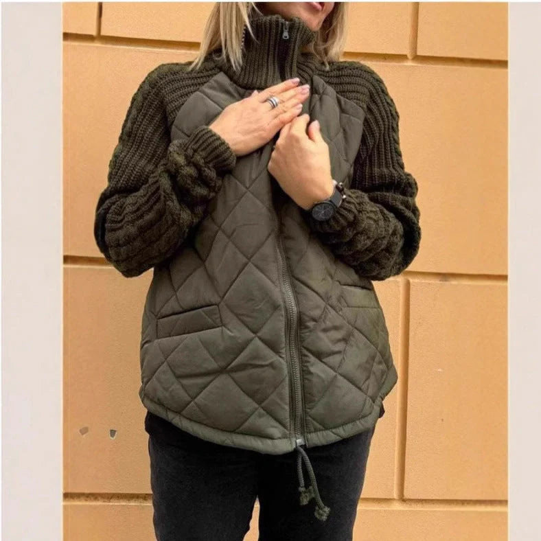 Women's cotton cardigan jacket with front zipper and stand collar in army green colour