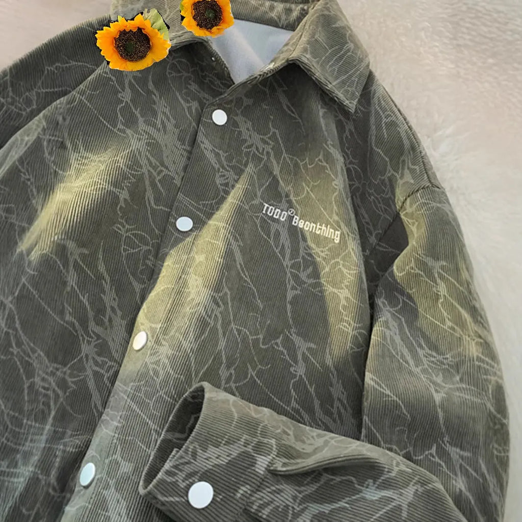Men's embroidered corduroy shirt cardigan loose fit long sleeves black green front view