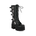 Women's chunky heel thigh-high boots in black patent leather with side zipper and round toe