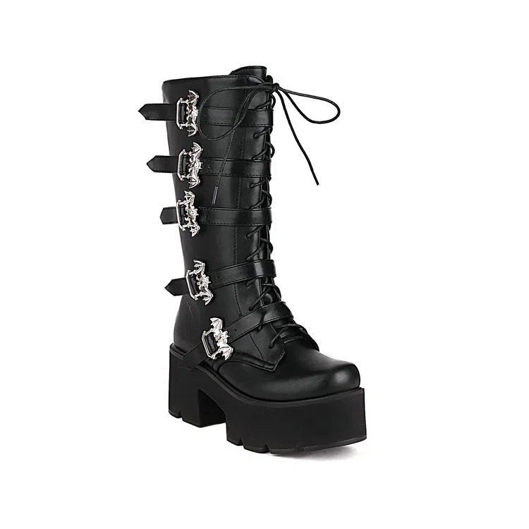 Women's chunky heel thigh-high boots in black patent leather with side zipper and round toe