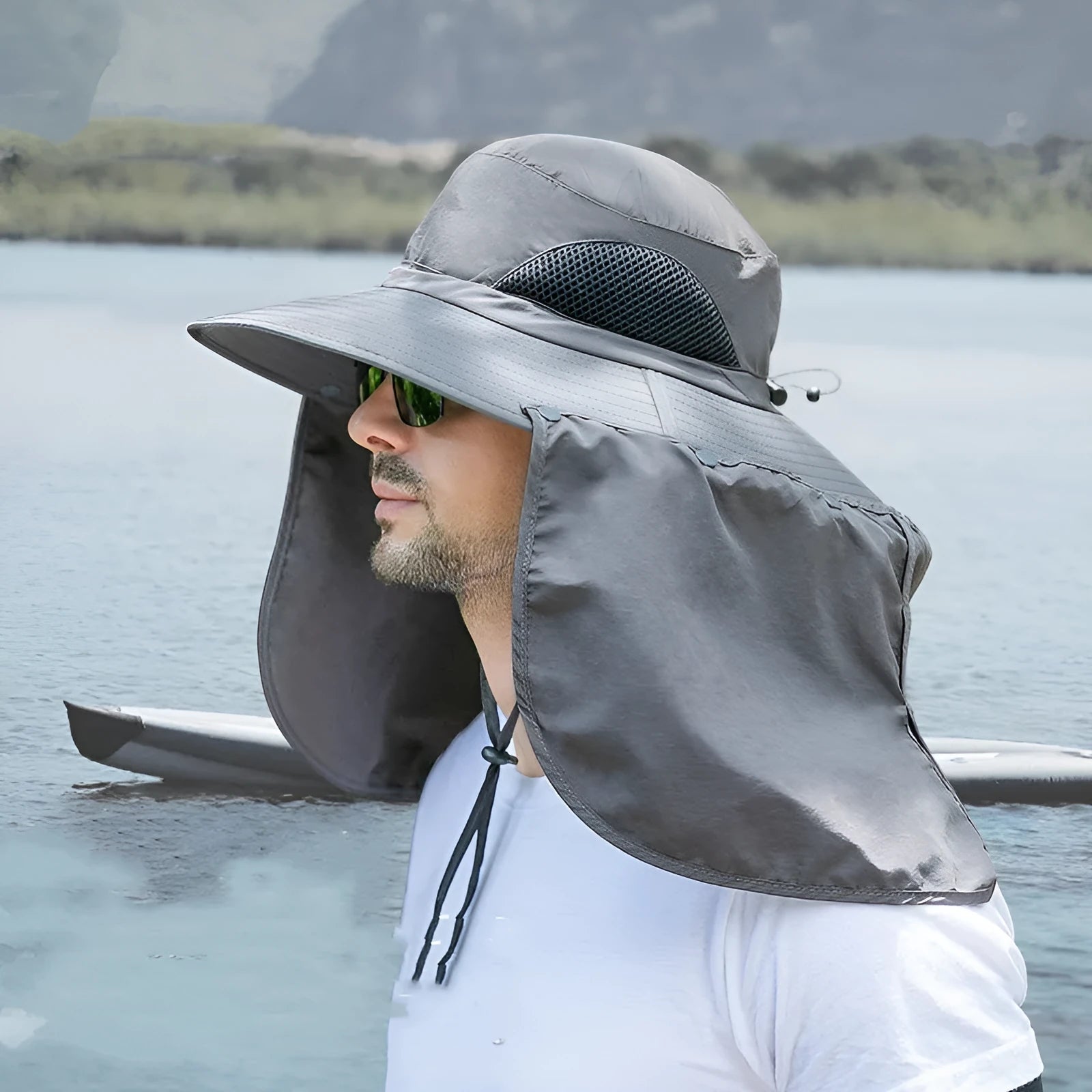 Nylon fisherman hat with neck protection in camouflage green colour showing dome crown and extended neck flap