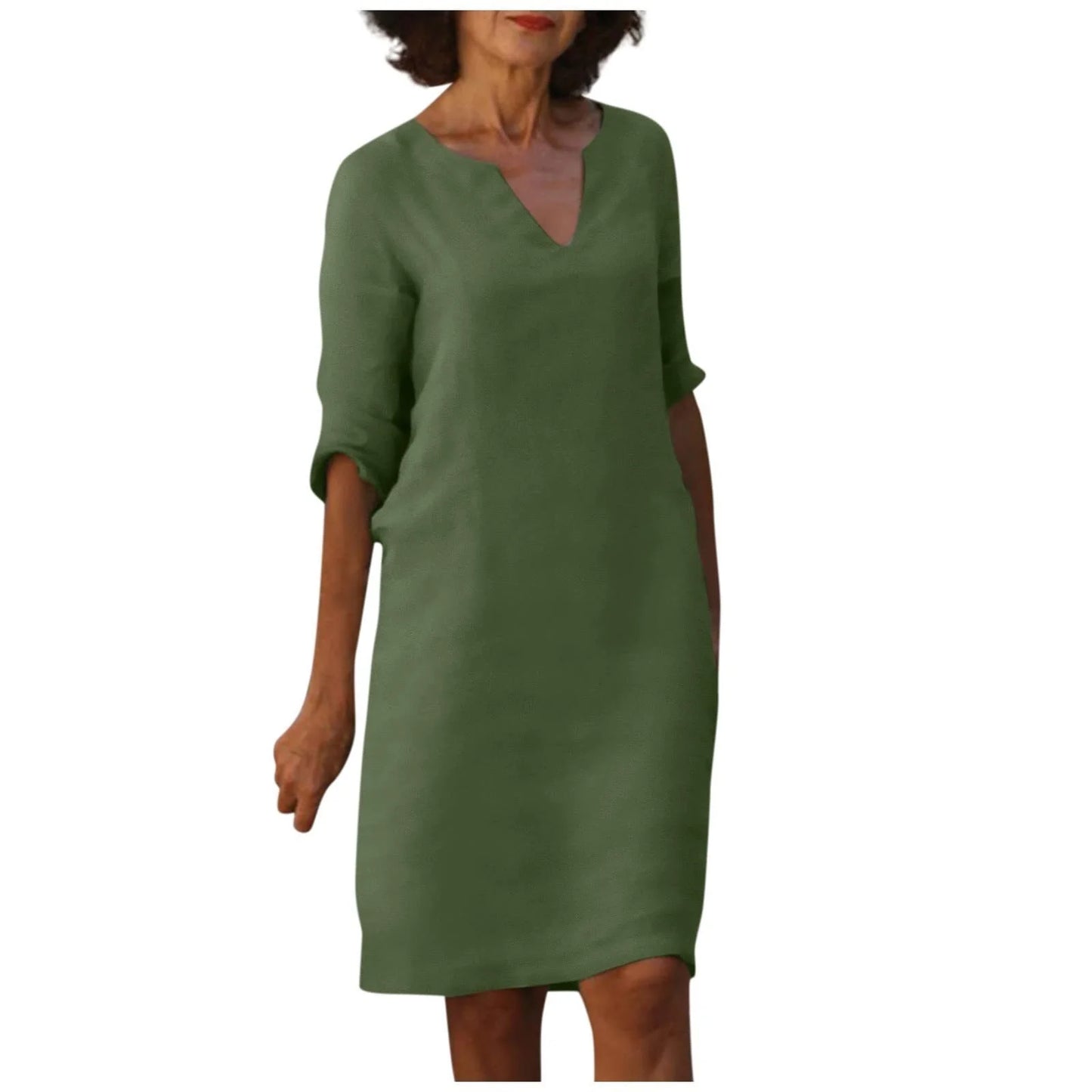 Cotton and linen V-neck dress with retro high waist design in various colours