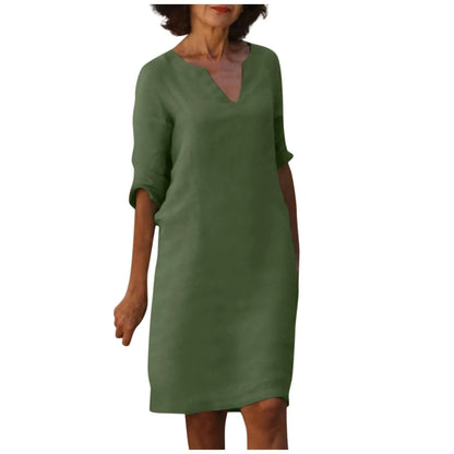 Cotton and linen V-neck dress with retro high waist design in various colours
