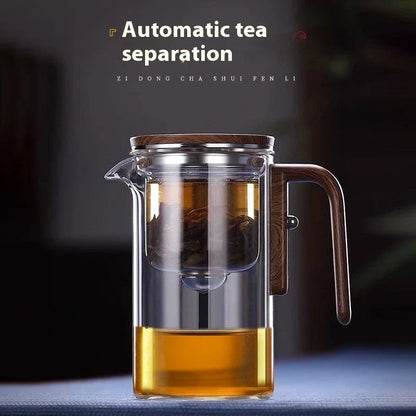 Elegant glass teapot with magnetic separation technology, wooden handle, and drip-free spout for a consistently smooth and flavorful cup of tea