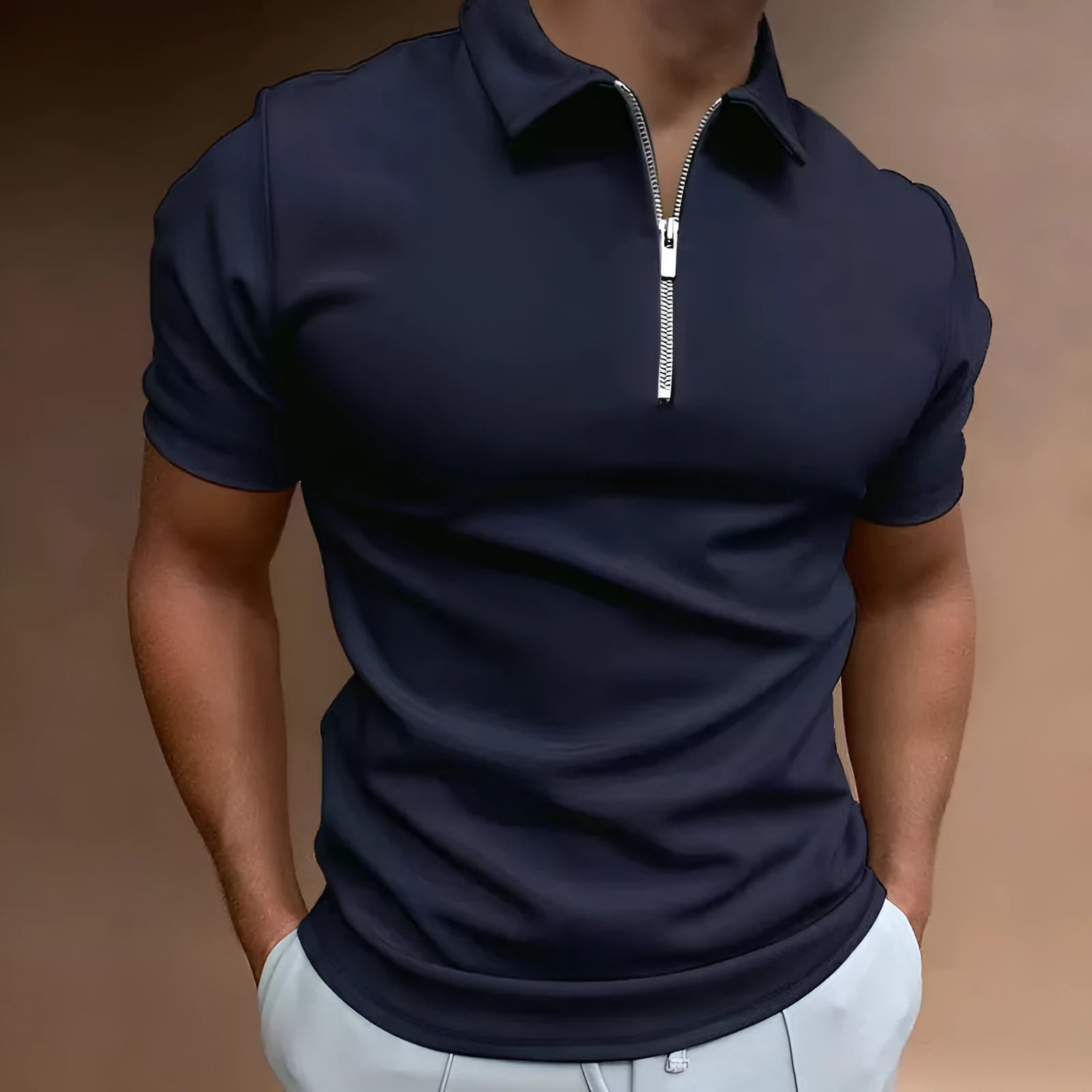 Men's casual short sleeve digital print polo shirt in polyester with long sleeves and loose fit