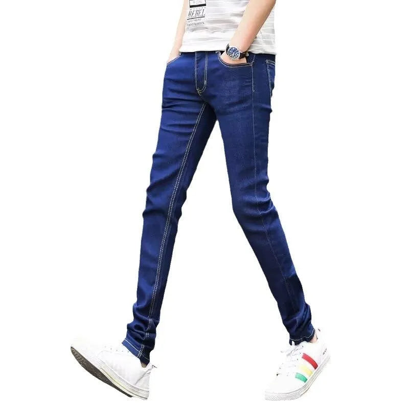 Men's slim-fit stretch skinny pants in dark blue denim, mid-rise, zipper fly