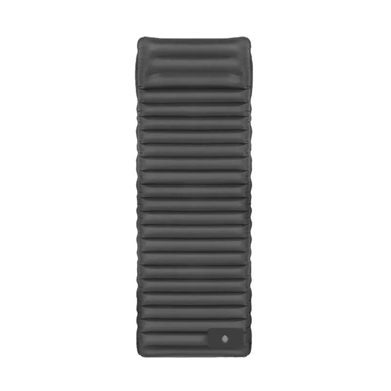 A portable inflatable camping mattress in desert grey colour, shown inflated to its 195x70cm size.