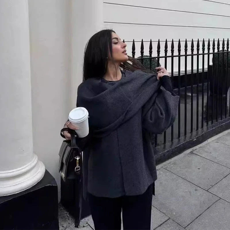 Women's knitted cardigan with asymmetrical scarf design in black and coffee colours