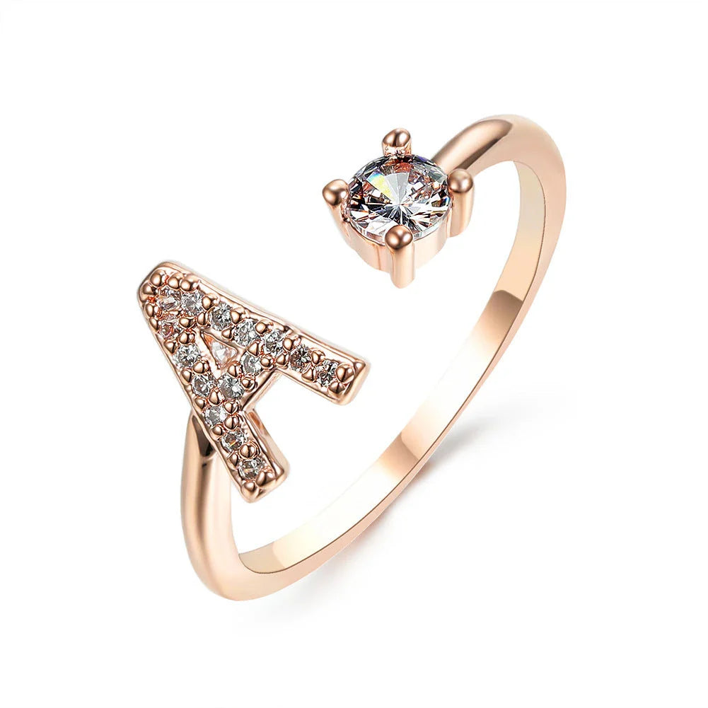 Elegant 26-letter adjustable initial ring in gold, silver, and rose gold finishes