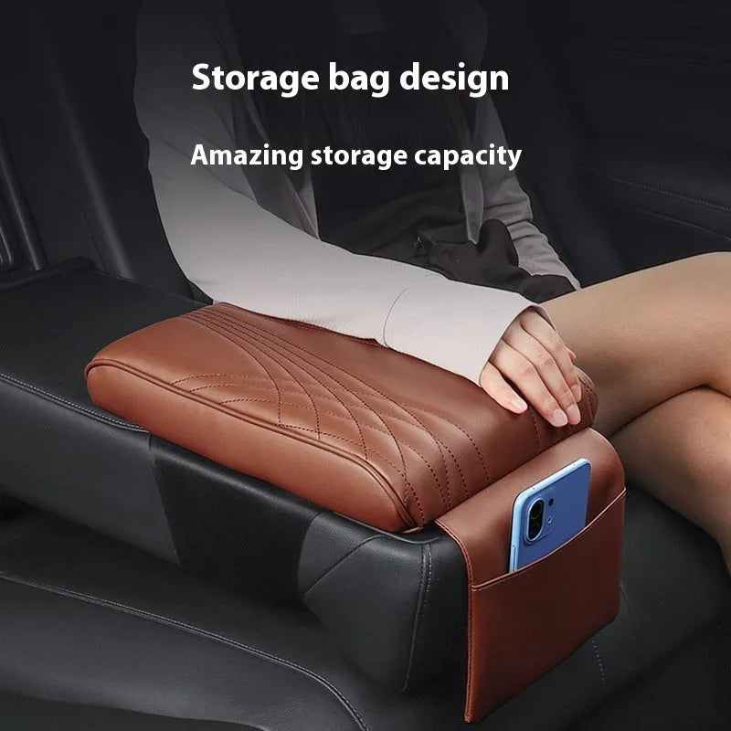 Car armrest cover protective pad in black stripes with pocket, made of PU leather