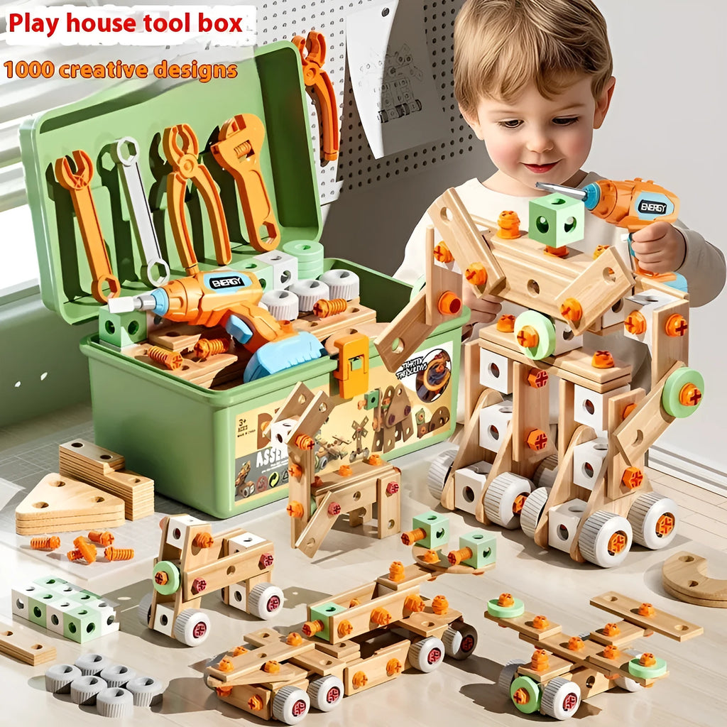 Children's plastic screw toy assembly set with blue building blocks and tools on a table
