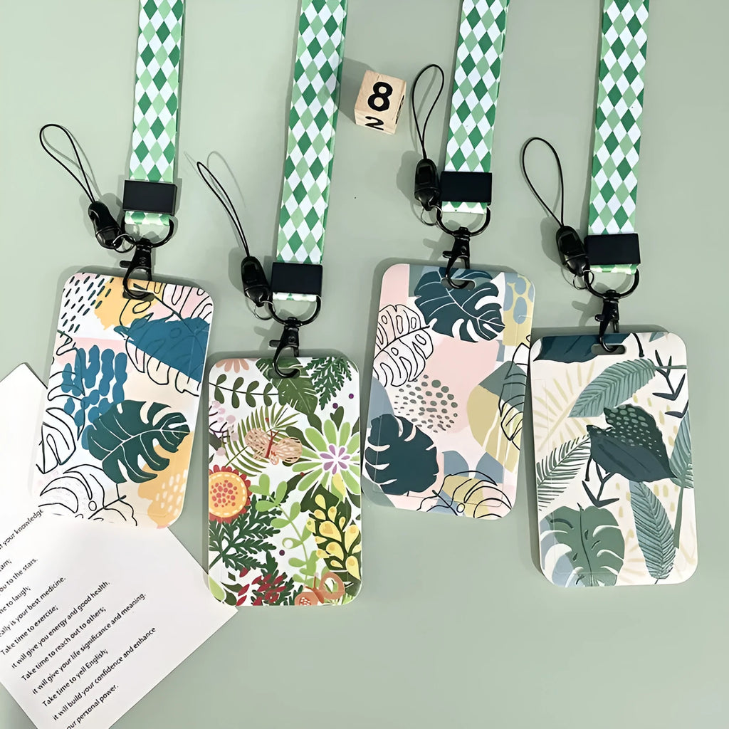 Plastic card cover with green plant diamond grid long lanyard and Monstera deliciosa motif on modern simple background