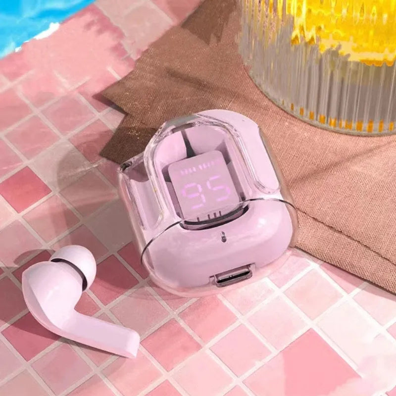 Transparent space capsule case true wireless Bluetooth earphones showing digital display and multiple colour options