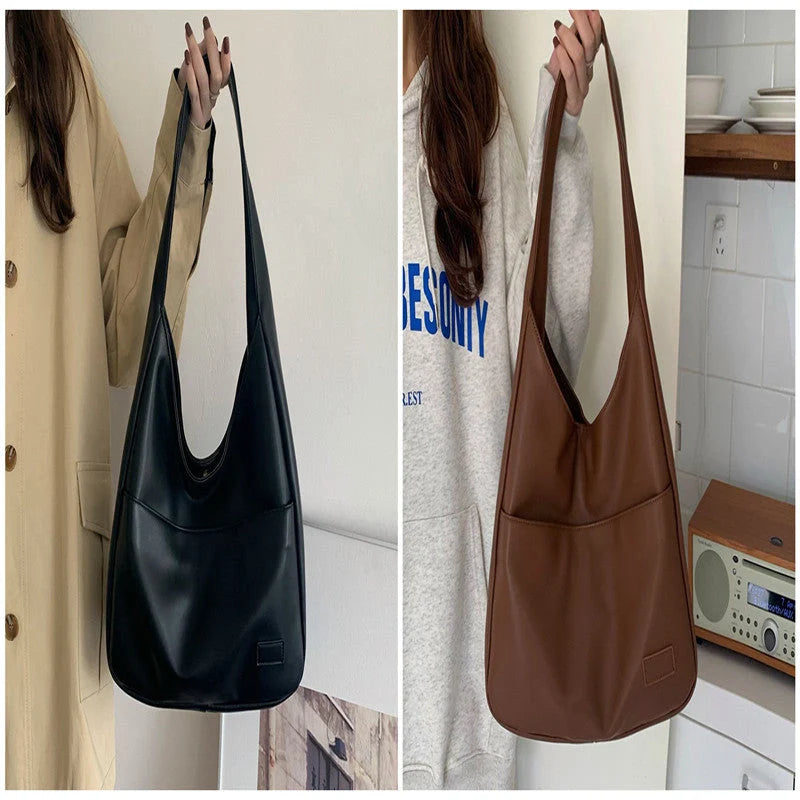Large capacity PU tote bag for women in brown, black, and white with sewing thread detailing