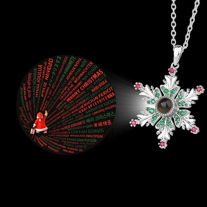 Shimmering snowflake necklace with projection of festive colors or Christmas languages