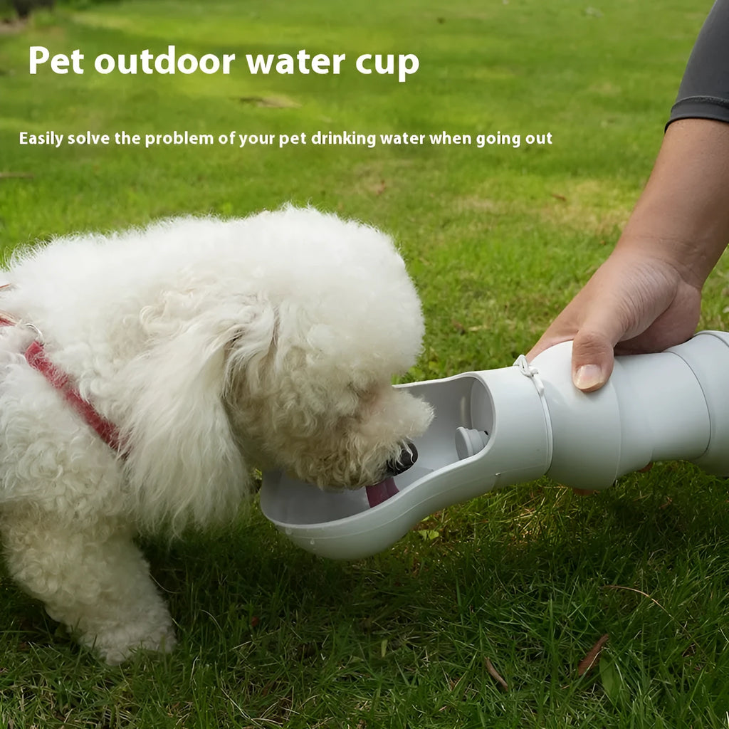 Silicone folding pet drinking cup shown collapsed and open, for dog travel.
