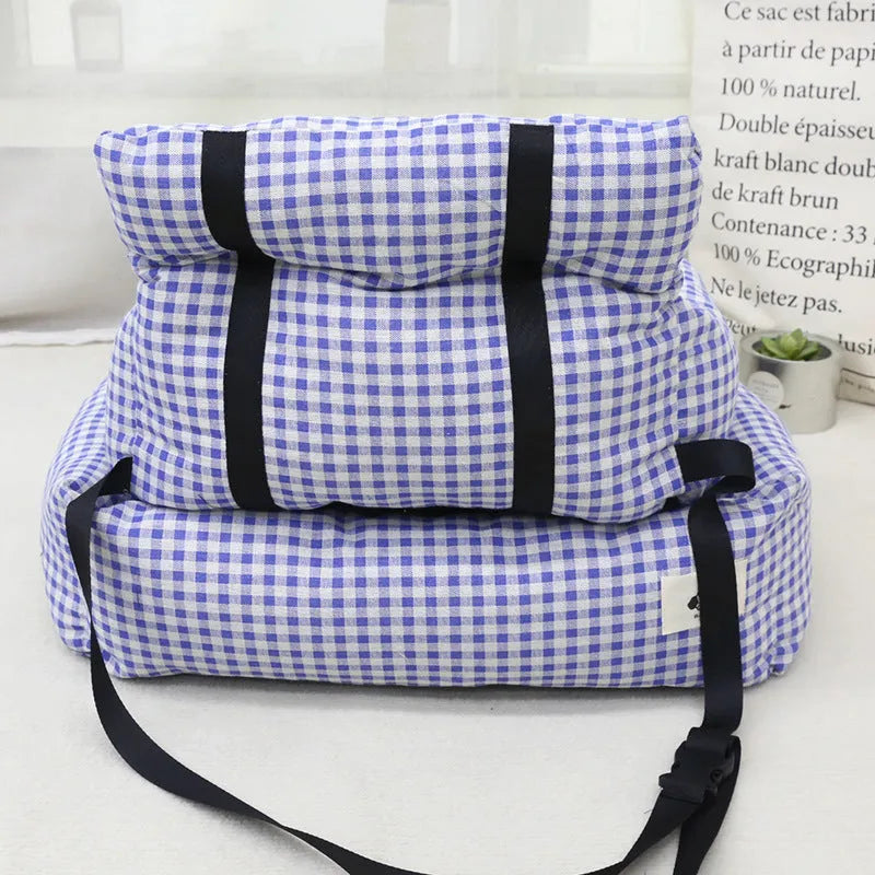 Stain-resistant cloth dog car nest in grey or blue plaid, sizes 40cm or 55cm