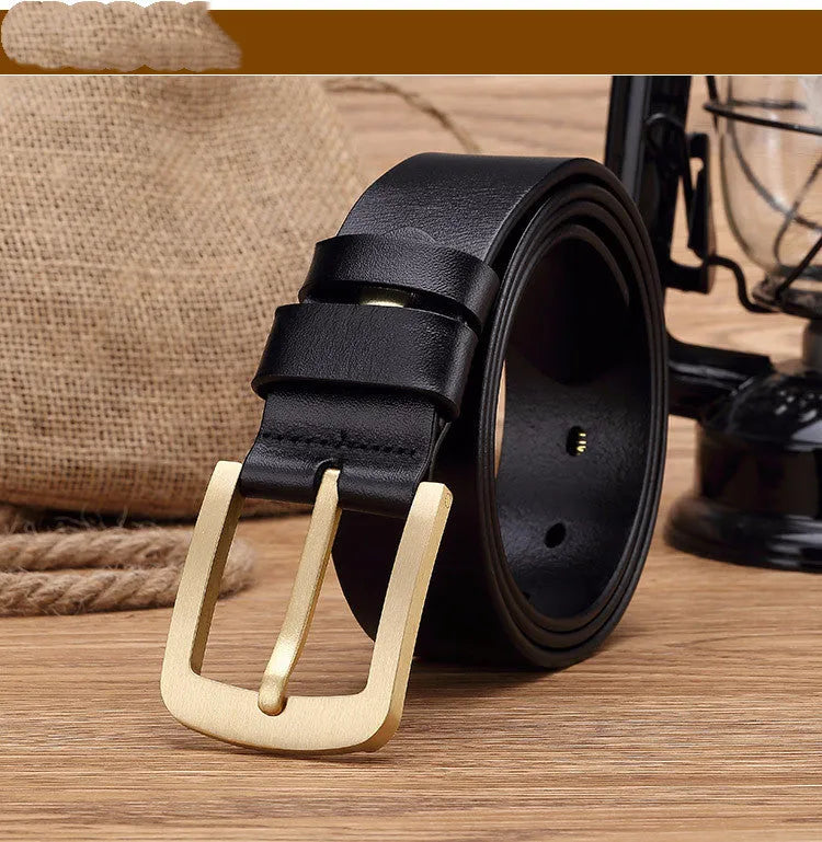 Men's leather belt with brass pin buckle in black, first layer cowhide, plain surface design