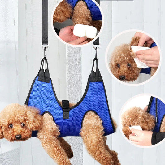 Pet Grooming Hammock Helper in blue and pink, showing size options and included accessories
