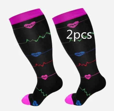 Plus-size compression socks in various stylish patterns for improved leg health and comfort