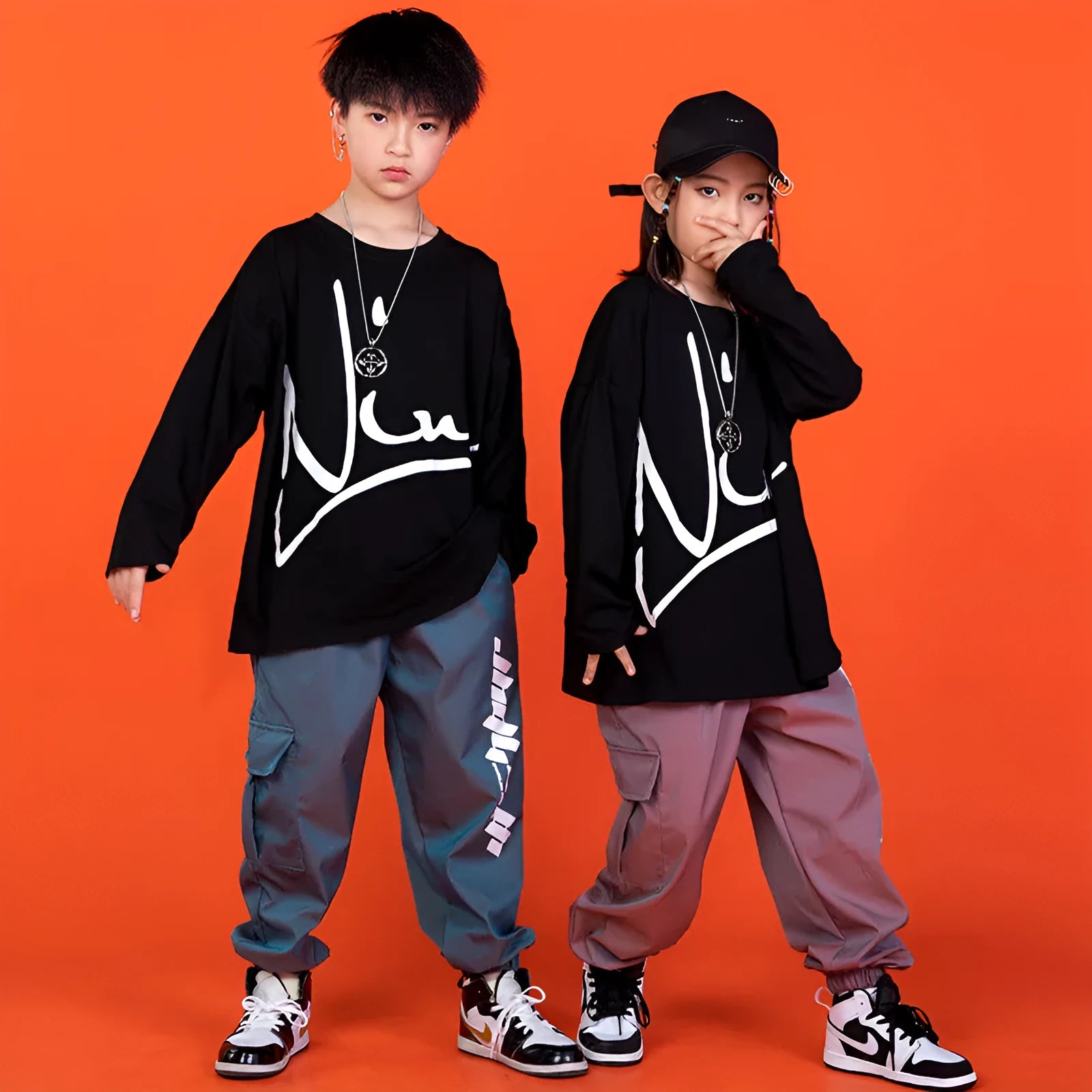 Children loose cotton hip hop performance top and pants set in black and grey blue for dance