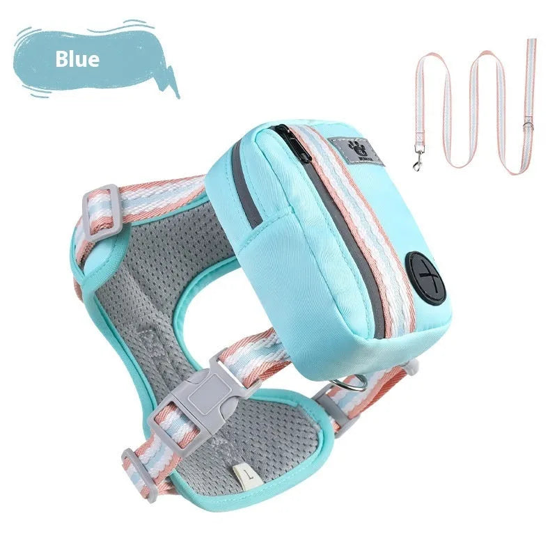 Explosion-proof anti-strangulation dog harness with attached rope in various colours.
